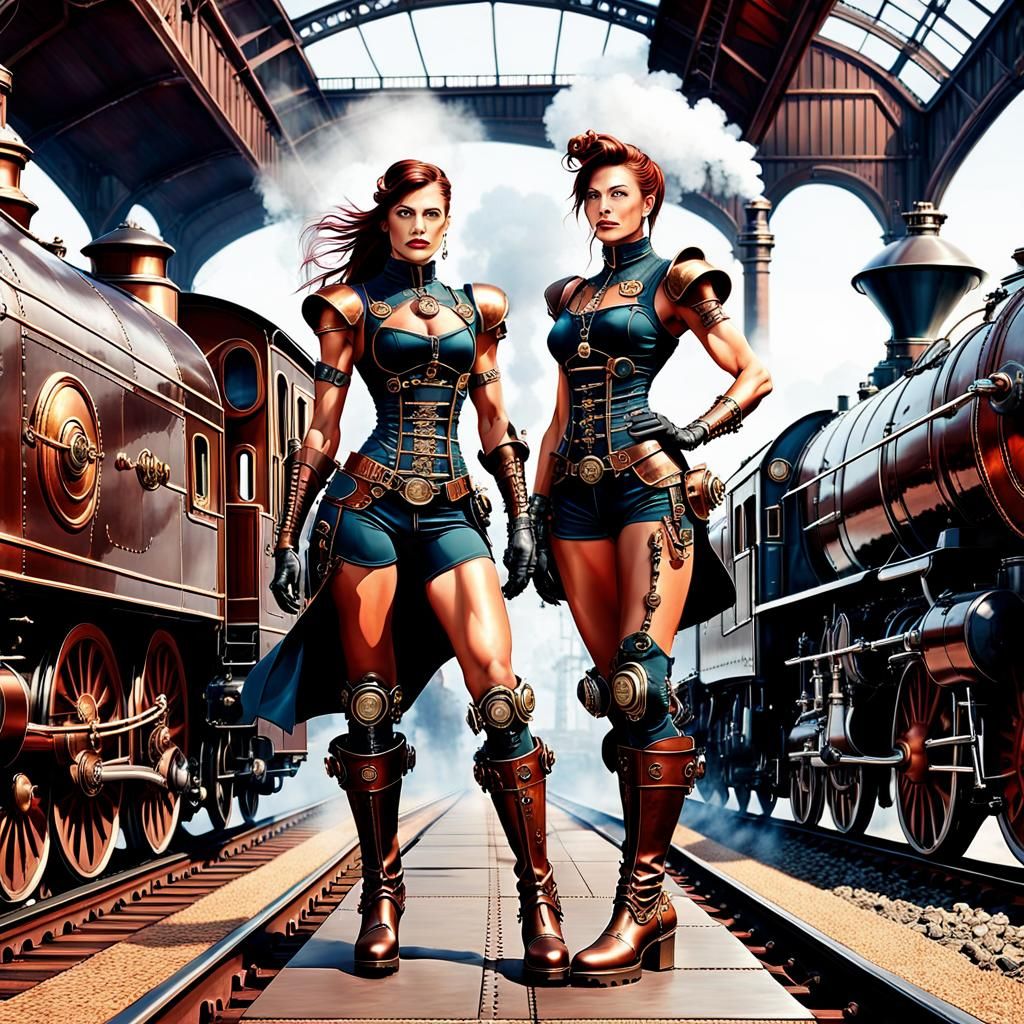 Steampunk Woman at Train Station in Retrofuturistic Style
