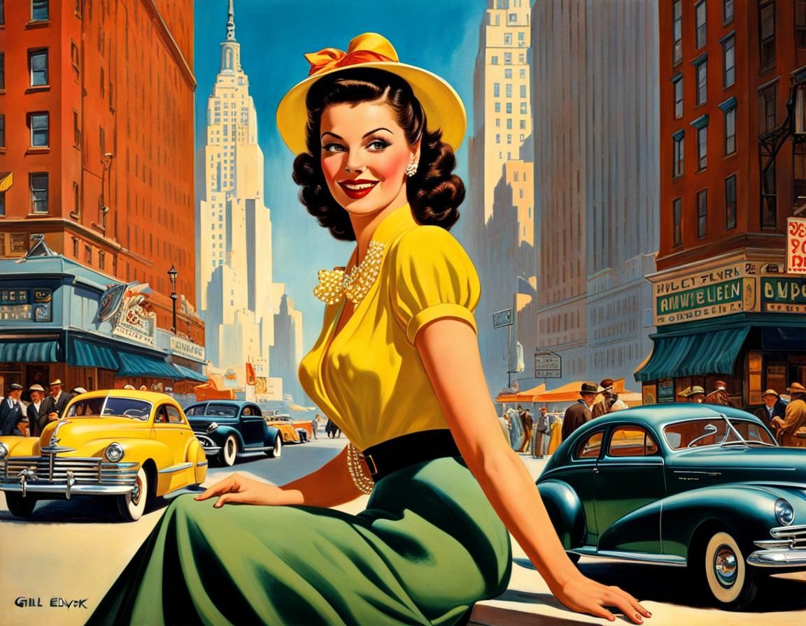 Elegant Woman in 1944 New York, Gil Elvgren Style