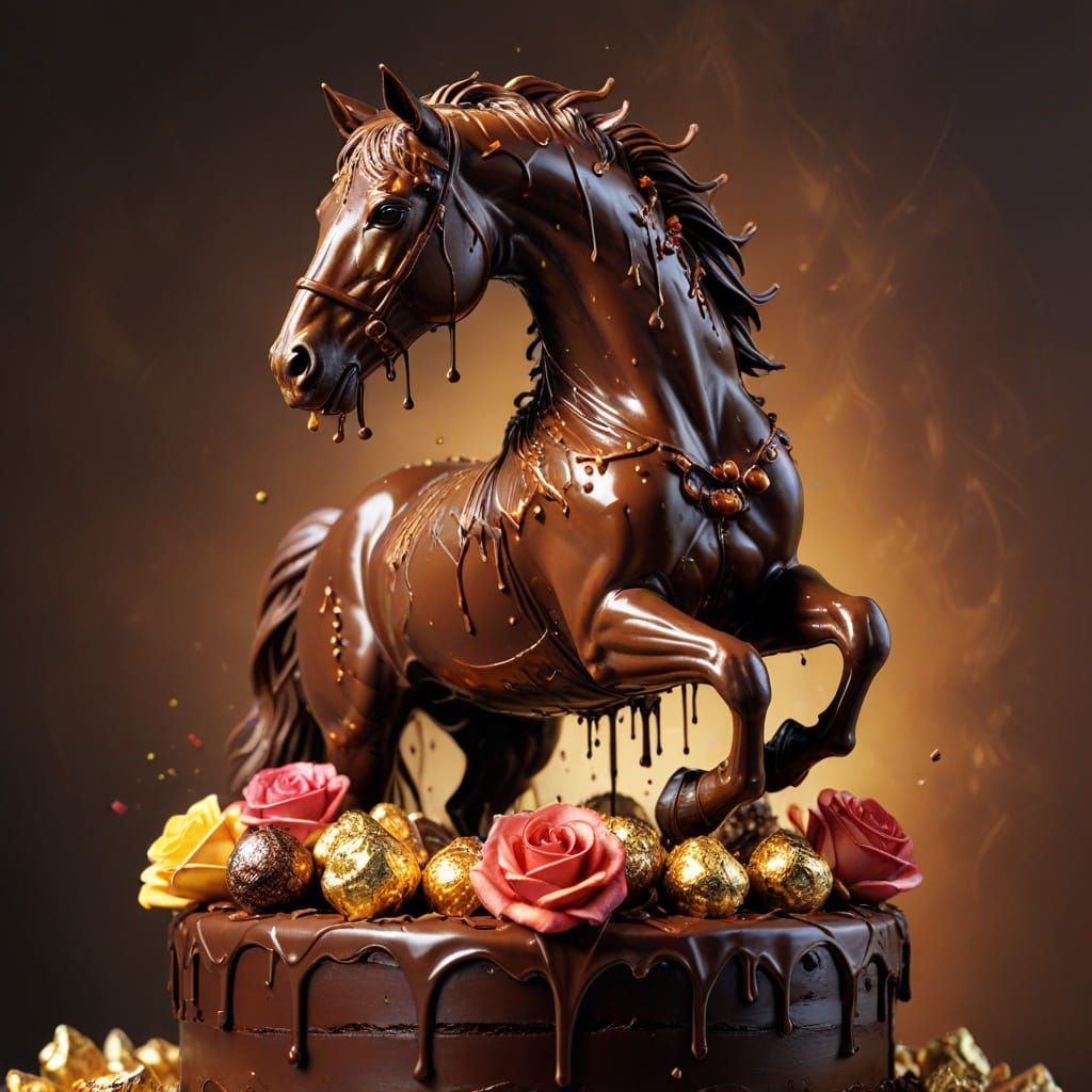 Chocolate Horse Jumping on Cake: Whimsical Digital Art