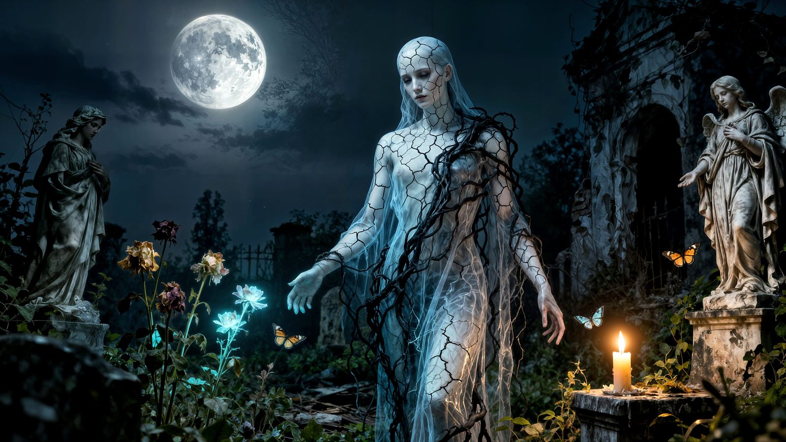 Ghostly Figure in Ruined Garden Under Silver Moon