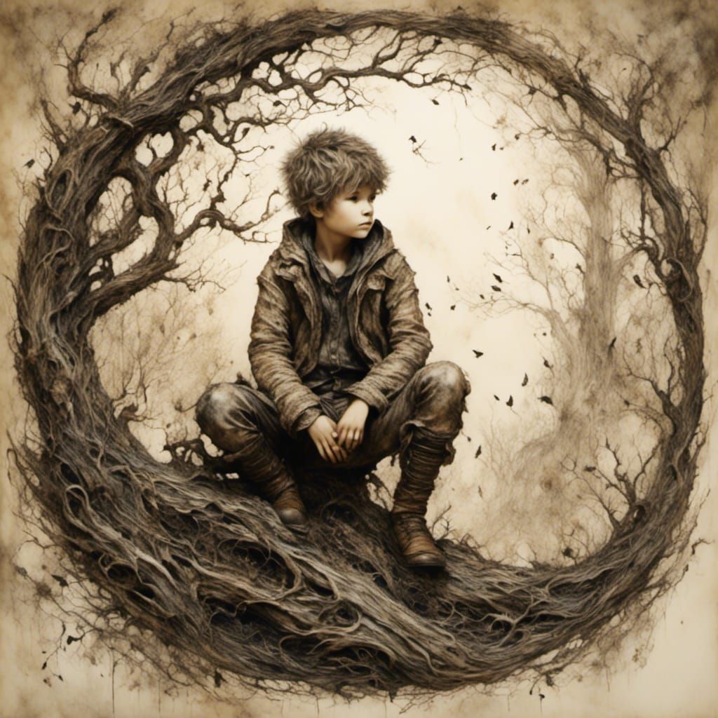 Eerie Boy in Tree with Wolves, Pyrography Style