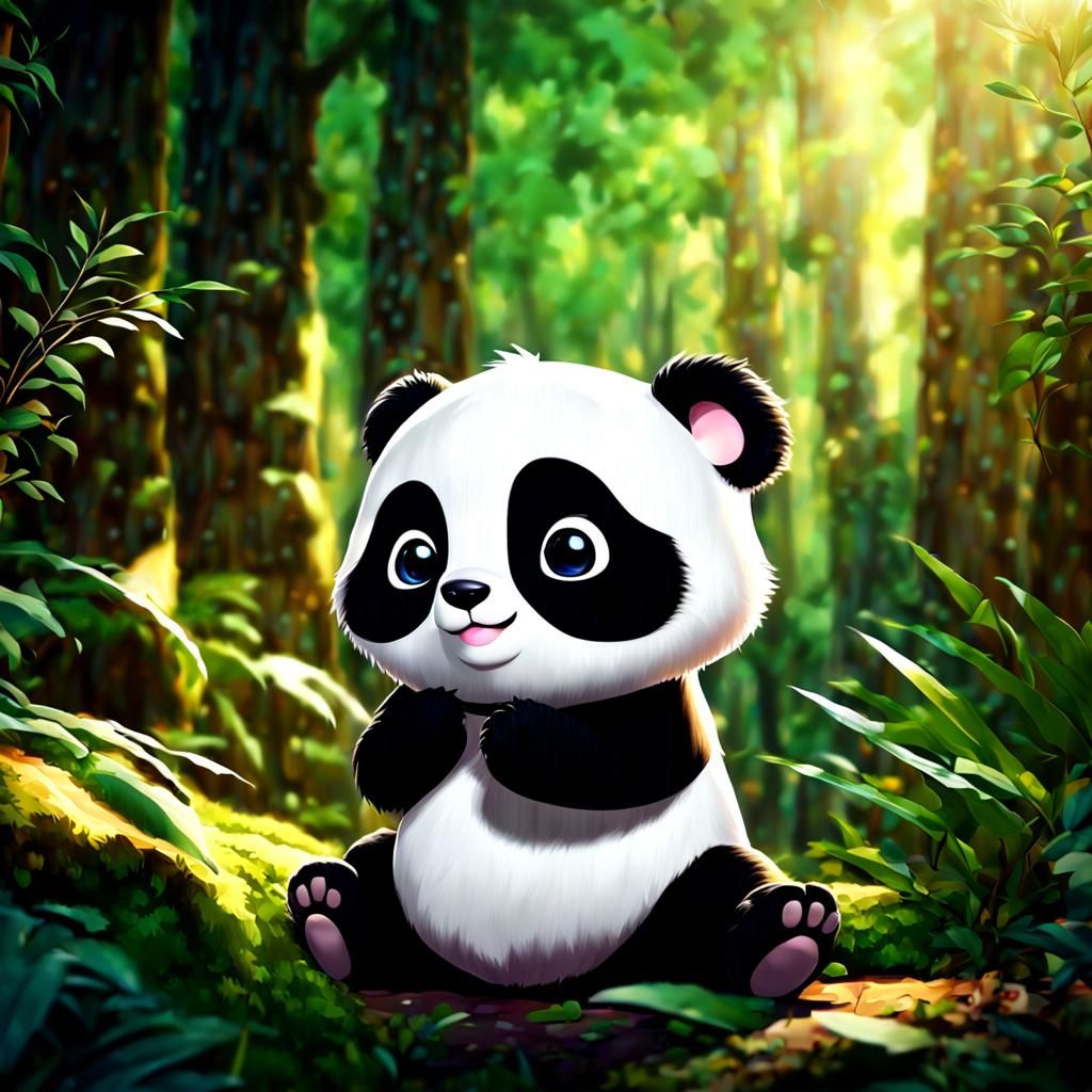 Adorable Chibi Panda in Forest: Digital Illustration