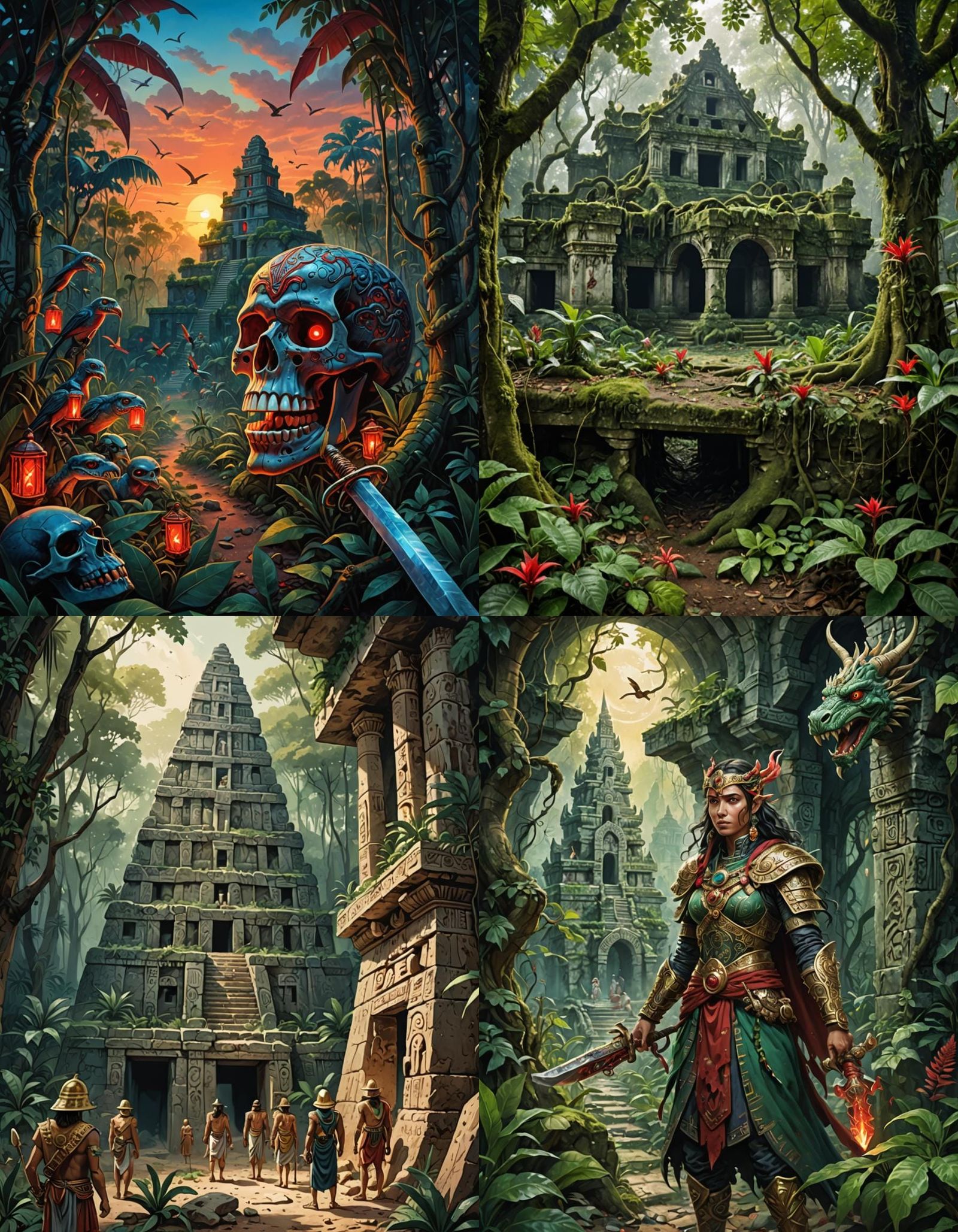 Lost Mayan City Ruins in Jungle at Sunset