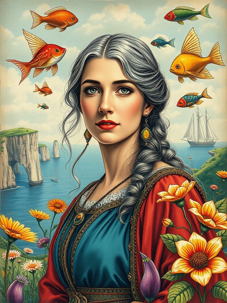 Medieval Lady in Surreal Landscape with Flying Fish