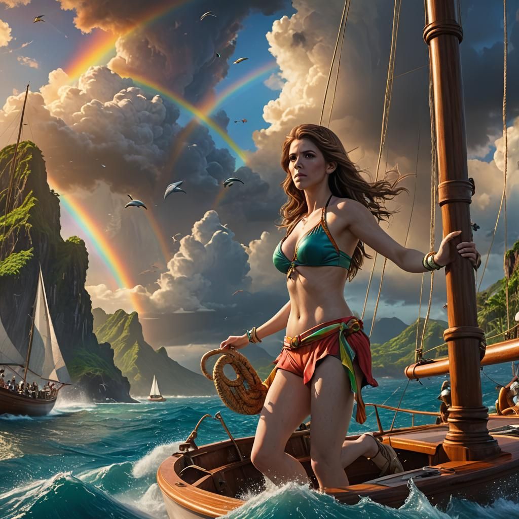 Woman Sailing Boat Near Hawaii, Fantasy Art