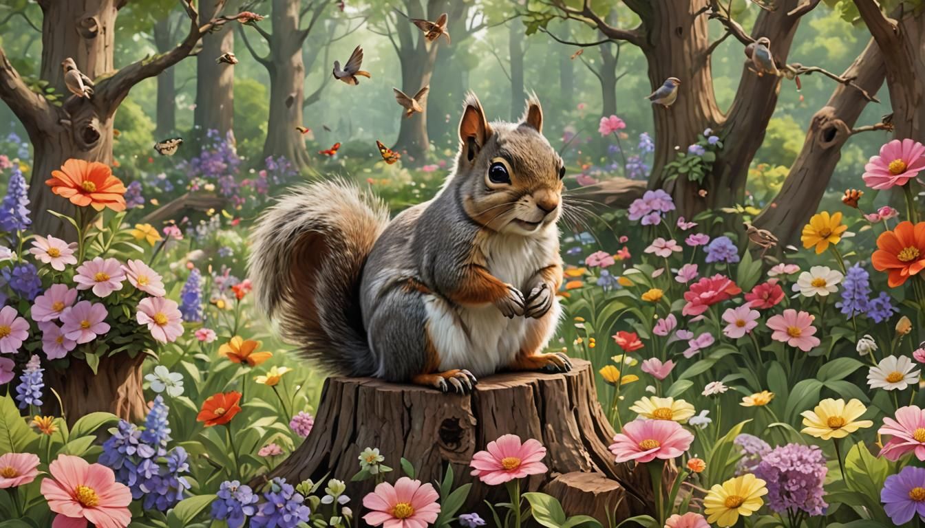 Whimsical Squirrel Surrounded by Birds and Flowers