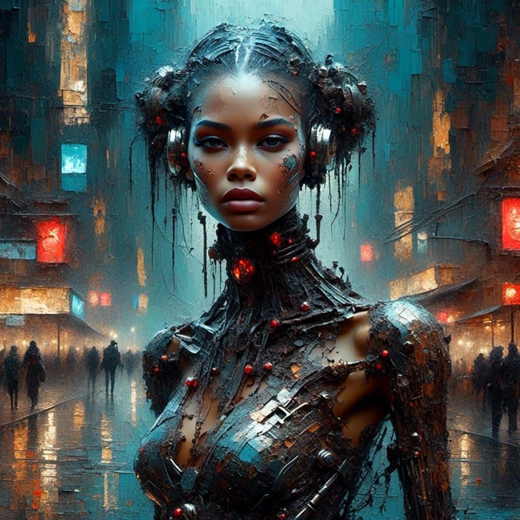 Futuristic Cybernetic Android in Retro-Wave Style