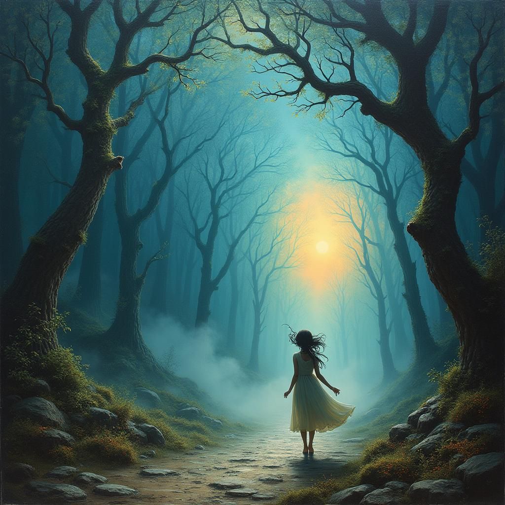 Ethereal Figure in Labyrinthine Dreamscape, Color Field Art