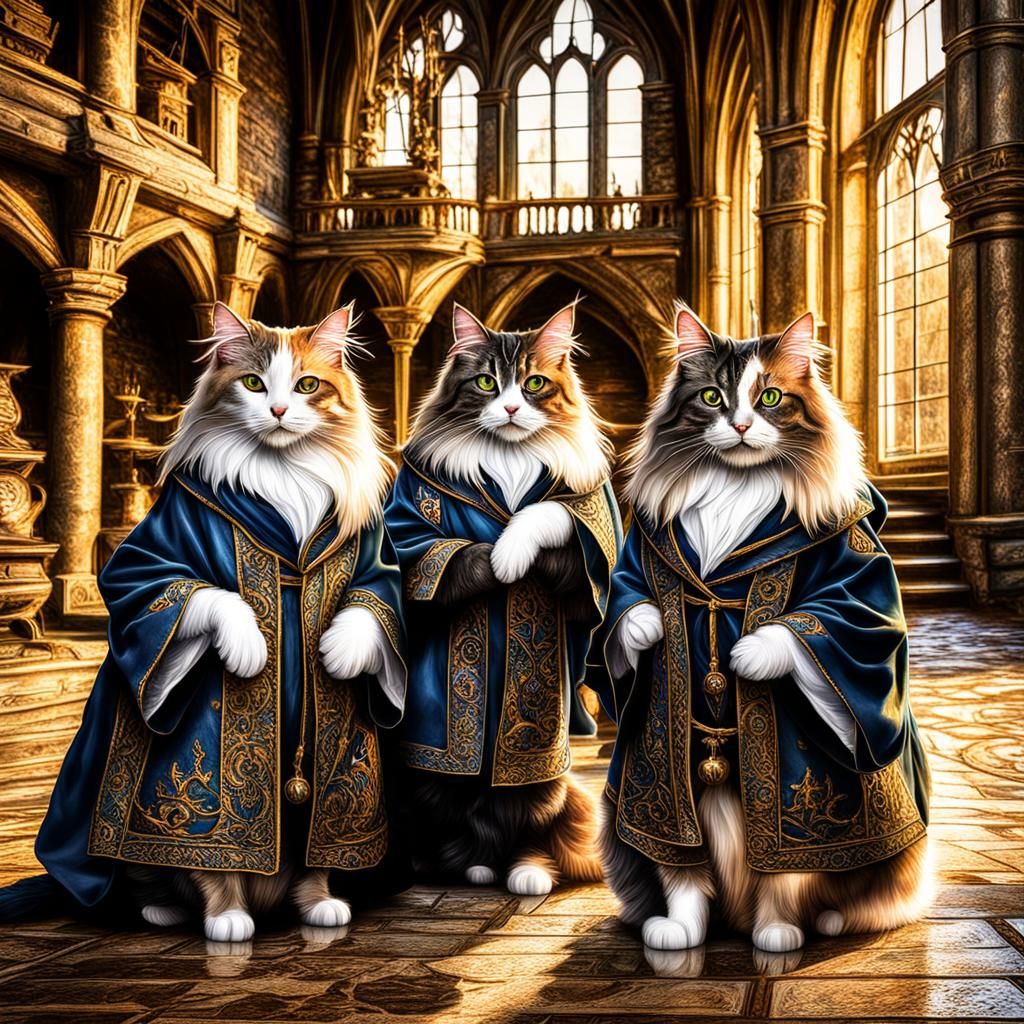 Norwegian Forest Cats as Wizards in Castle