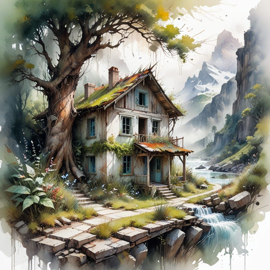 Weathered House in Green Valley: Watercolour Painting