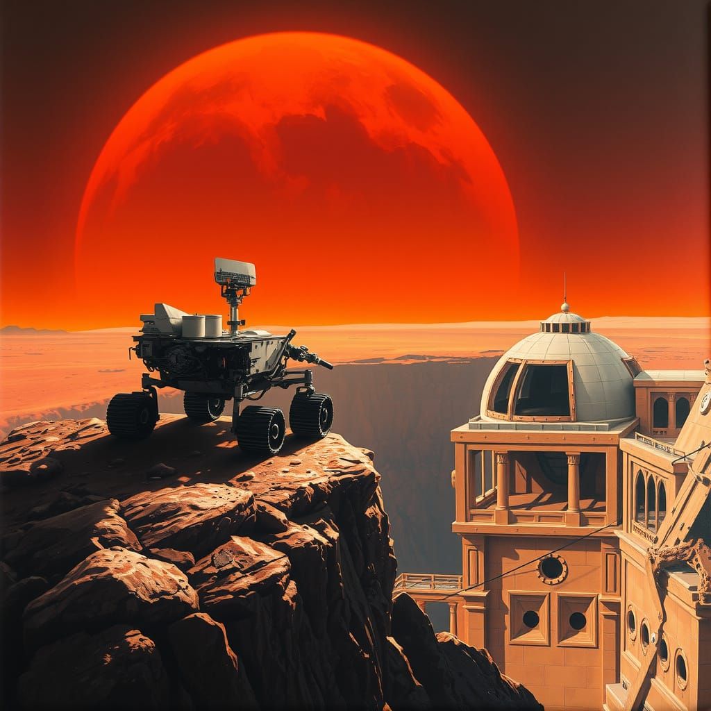 Curiosity Rover on Mars Crater Rim in Cosmic Oil Painting St...