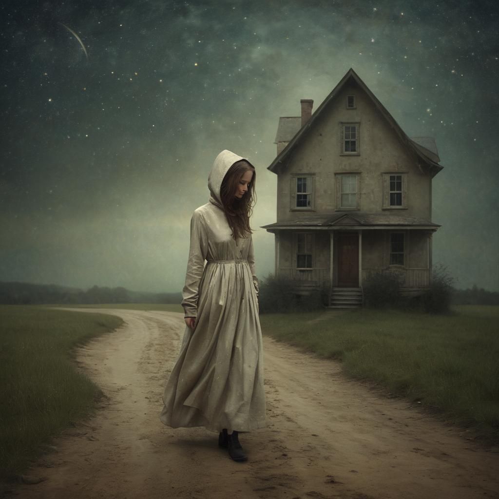 Girl Flees House by Starlight: Surreal Art