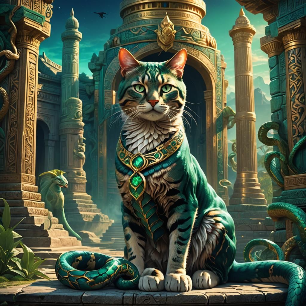Majestic Cat and Serpent Entwined: Fantasy Illustration