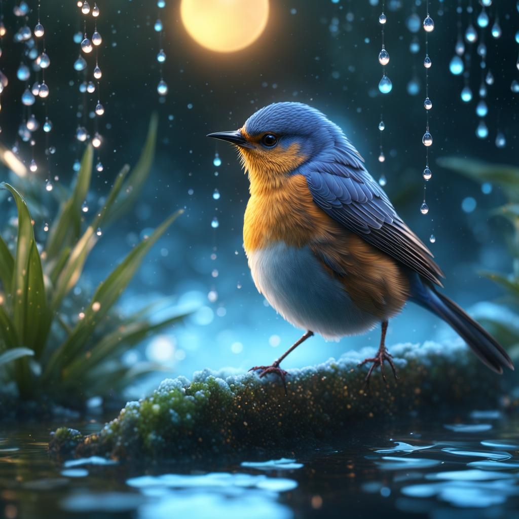 Songbird in Mist with Water Droplets: Photorealistic Art