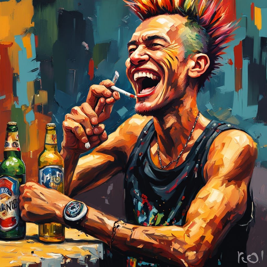 Laughing Punk with Mohawk in Neo-Impressionist Style