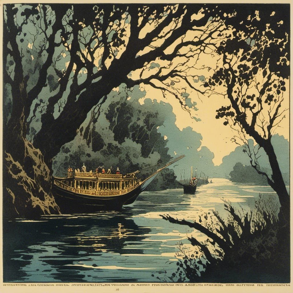 Burning Steamboat on the Mississippi in Manga Watercolor