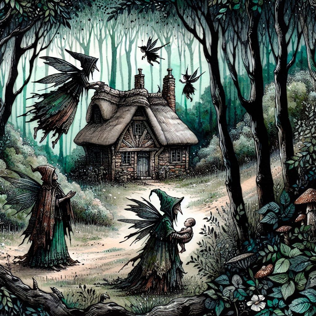 Dark Fairies Replace Baby: Alcohol Ink Illustration