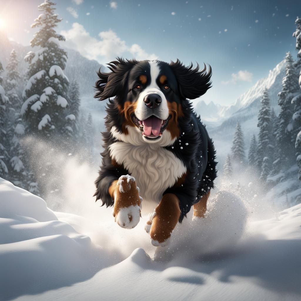 Bernese Mountain Dog Runs Through Snowy Fantasy Landscape