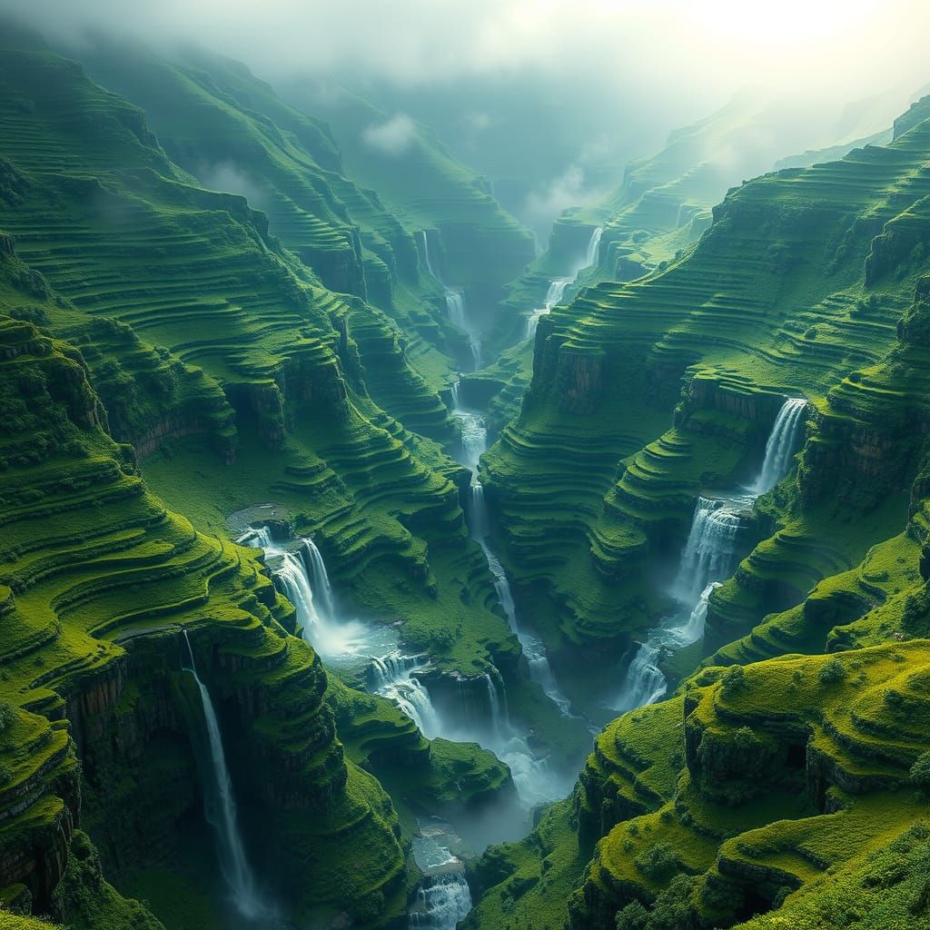 Green Fractal Valleys with Waterfalls in Digital Art