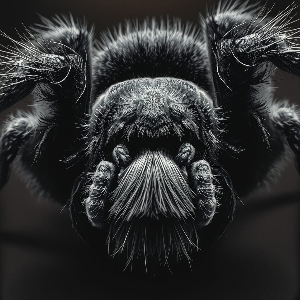 Tarantula Close-Up in Hyperrealistic Charcoal Drawing