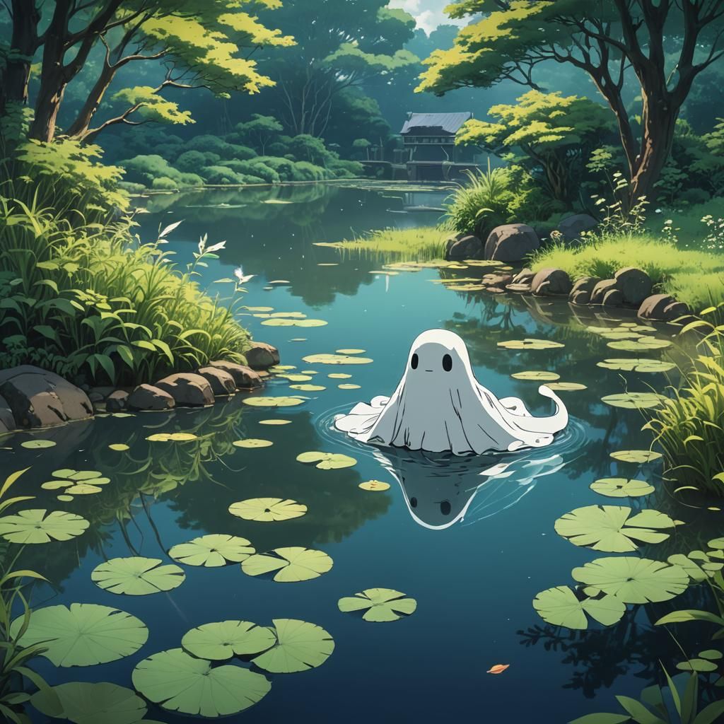 Little Sheet Ghost Over Pond: Studio Ghibli Style