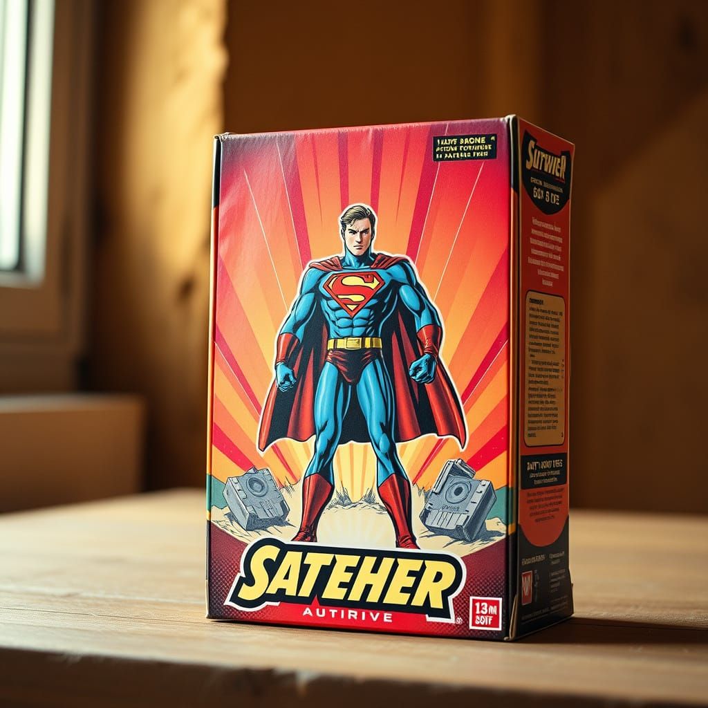 Retro Superhero Action Figure Box in Warm, Earthy Style