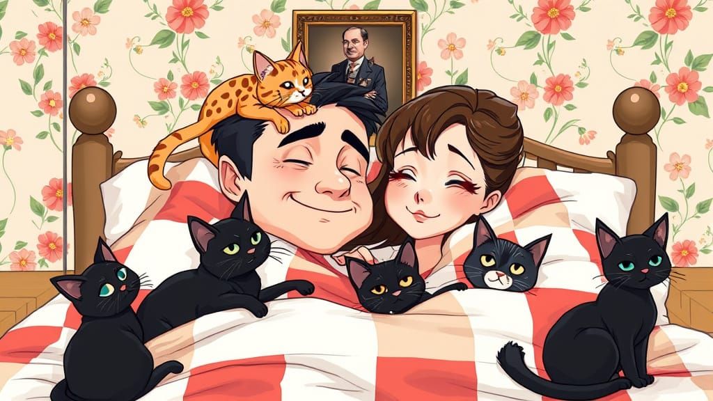 Cozy Anime Couple Surrounded by Adorable Cats