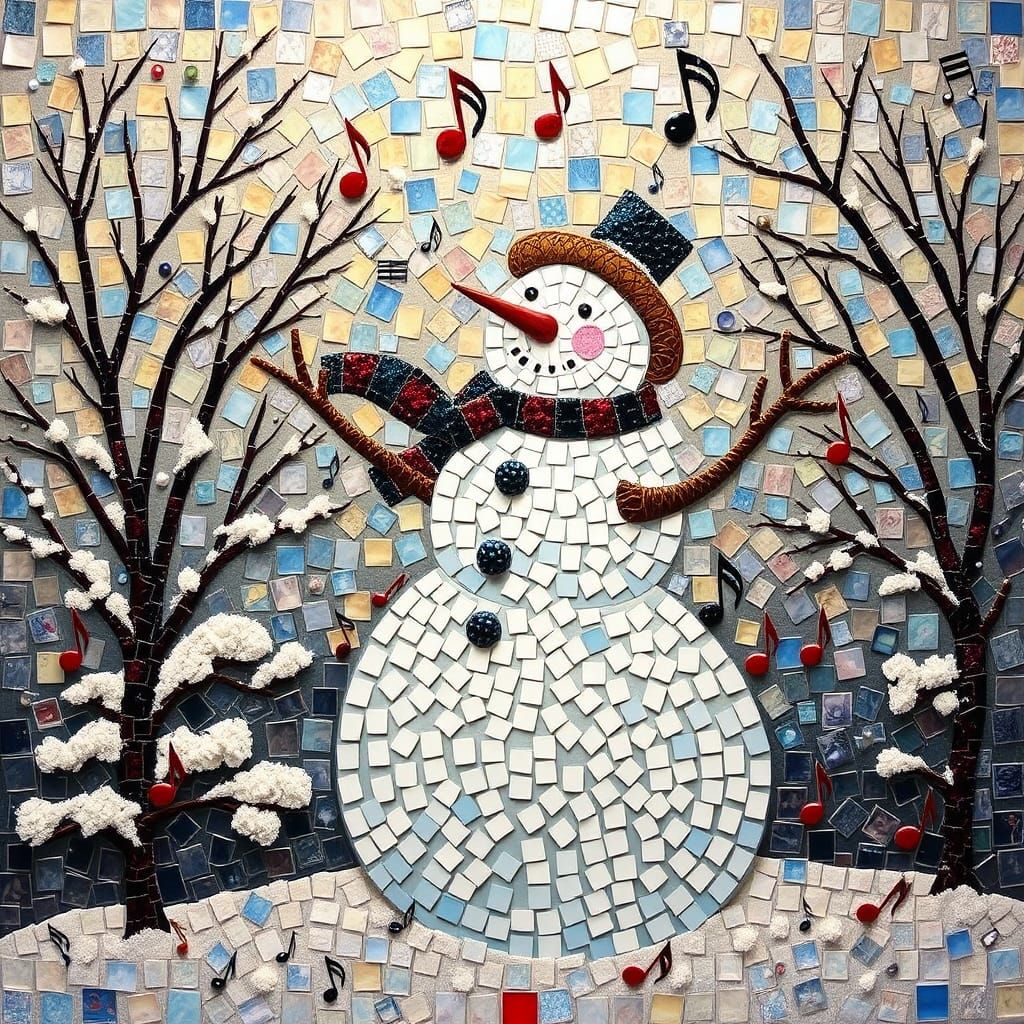 Mosaic Snowman with Abstract Jazz Musical Notes