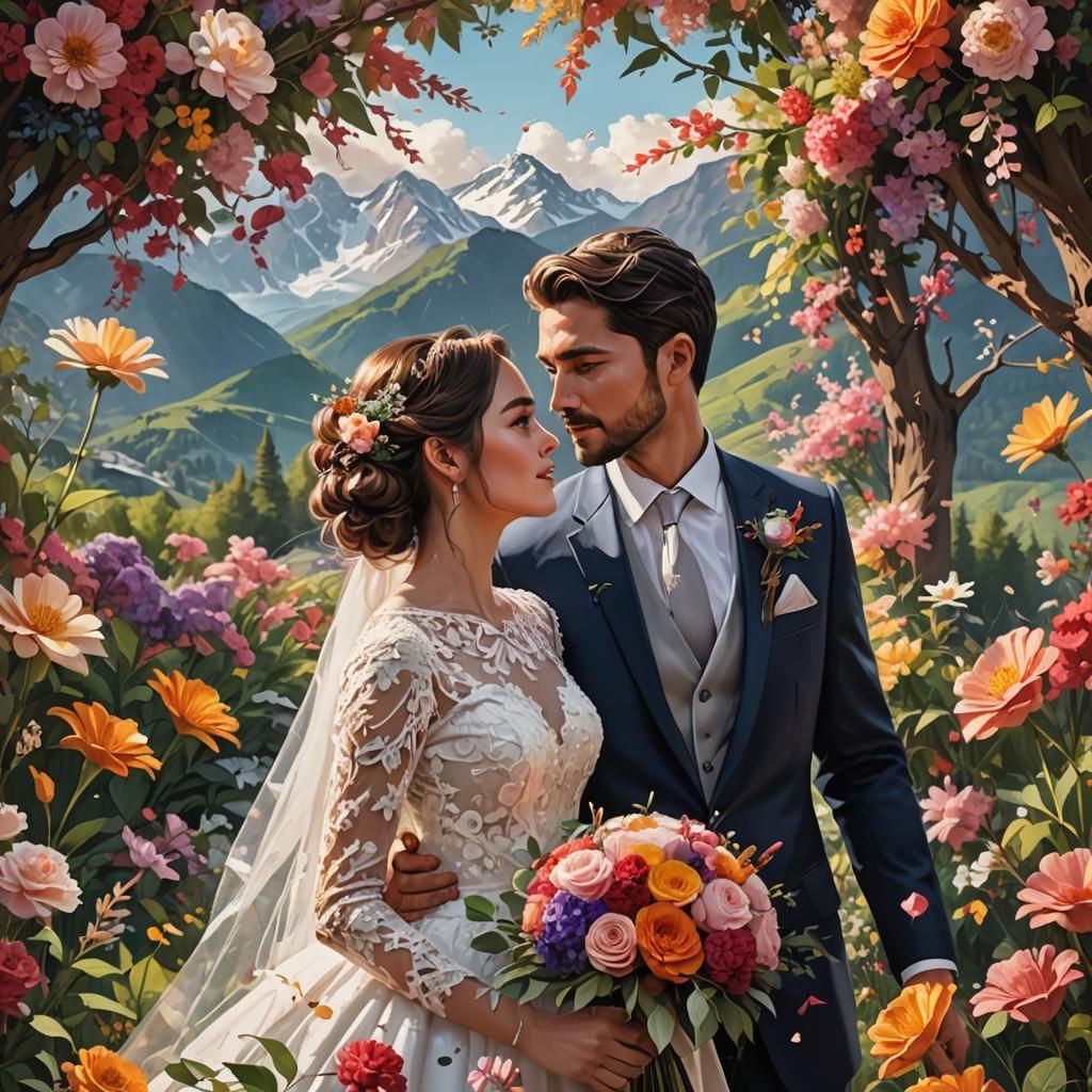 Hyperrealistic Wedding Scene with Mountain Backdrop