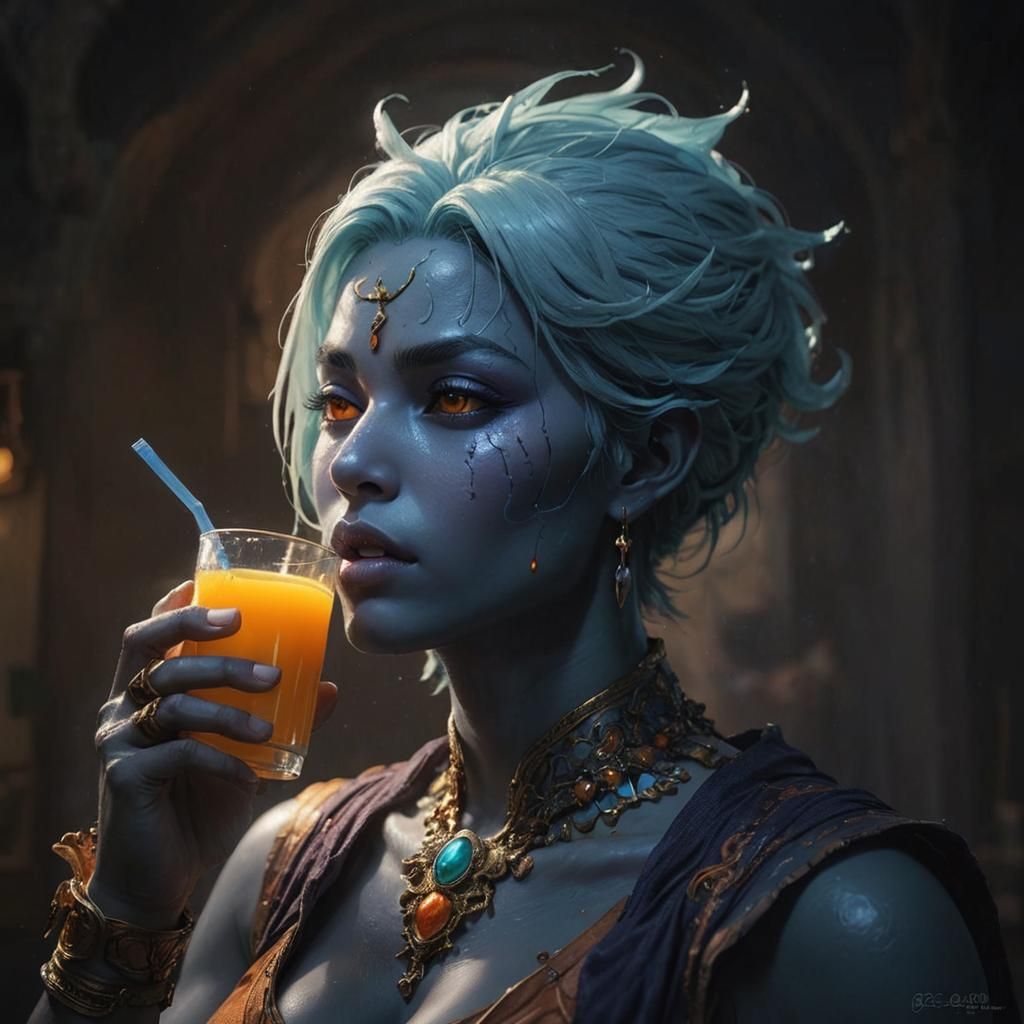 Djinn Enjoys Orange Juice: Detailed 3D Anime Art