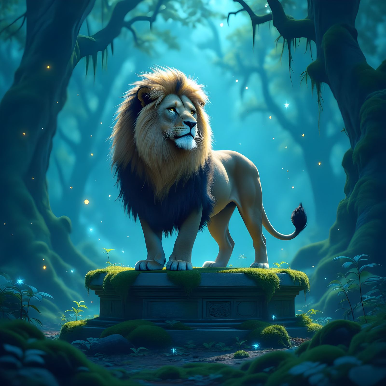 Starlight Lion in Bioluminescent Forest