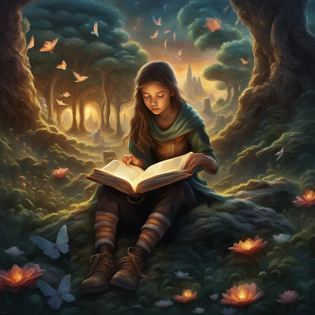 Girl Reading Book with Blooming Fantasy