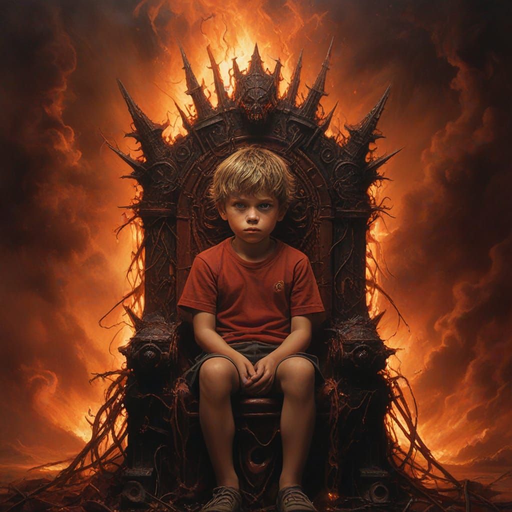 Boy King on Throne in Hellish Oil Painting