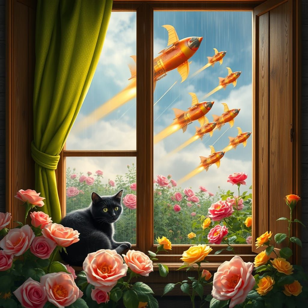 Steampunk Rocket Ships Observed from Cottage Window