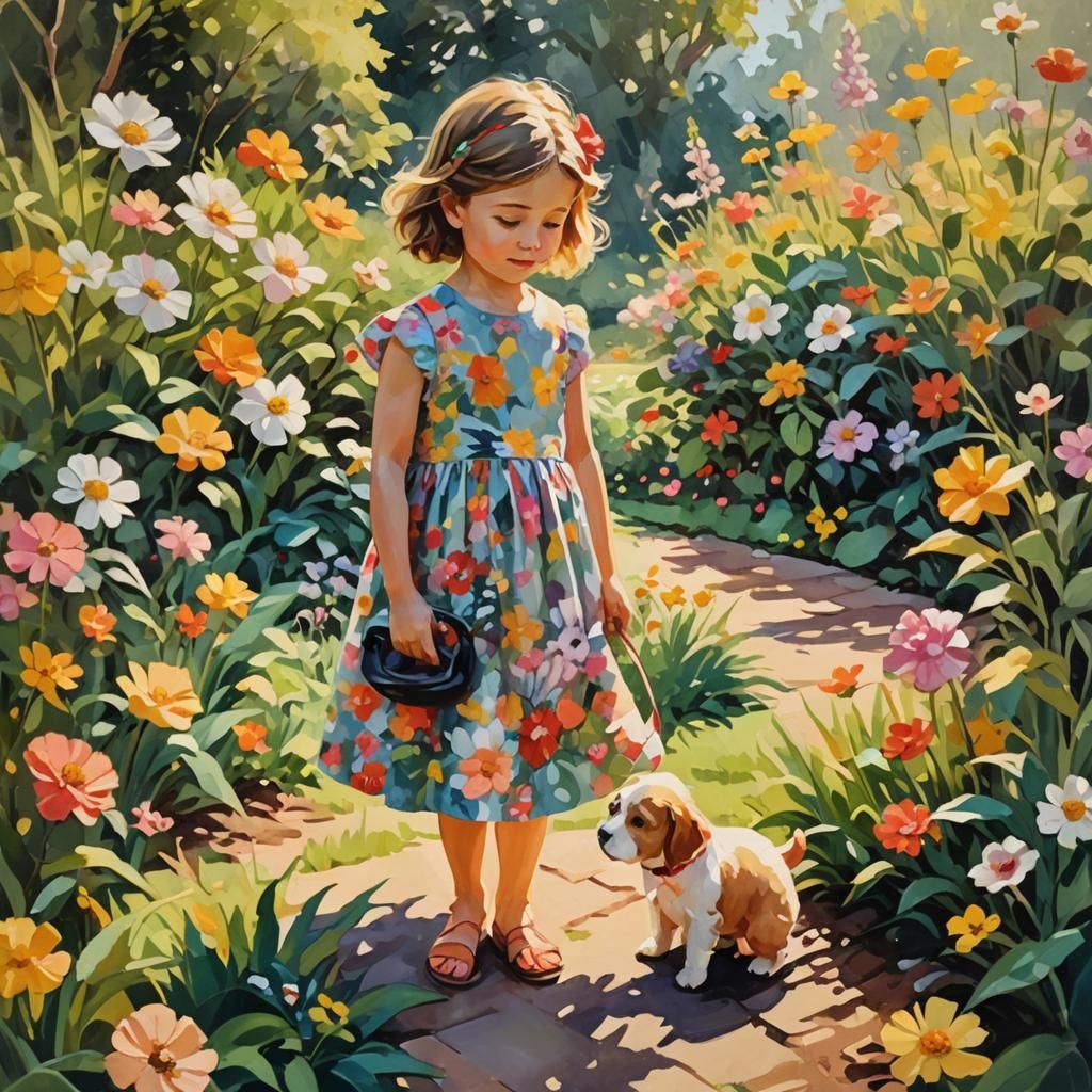 Girl with Puppy in Garden: Impressionist Gouache Painting
