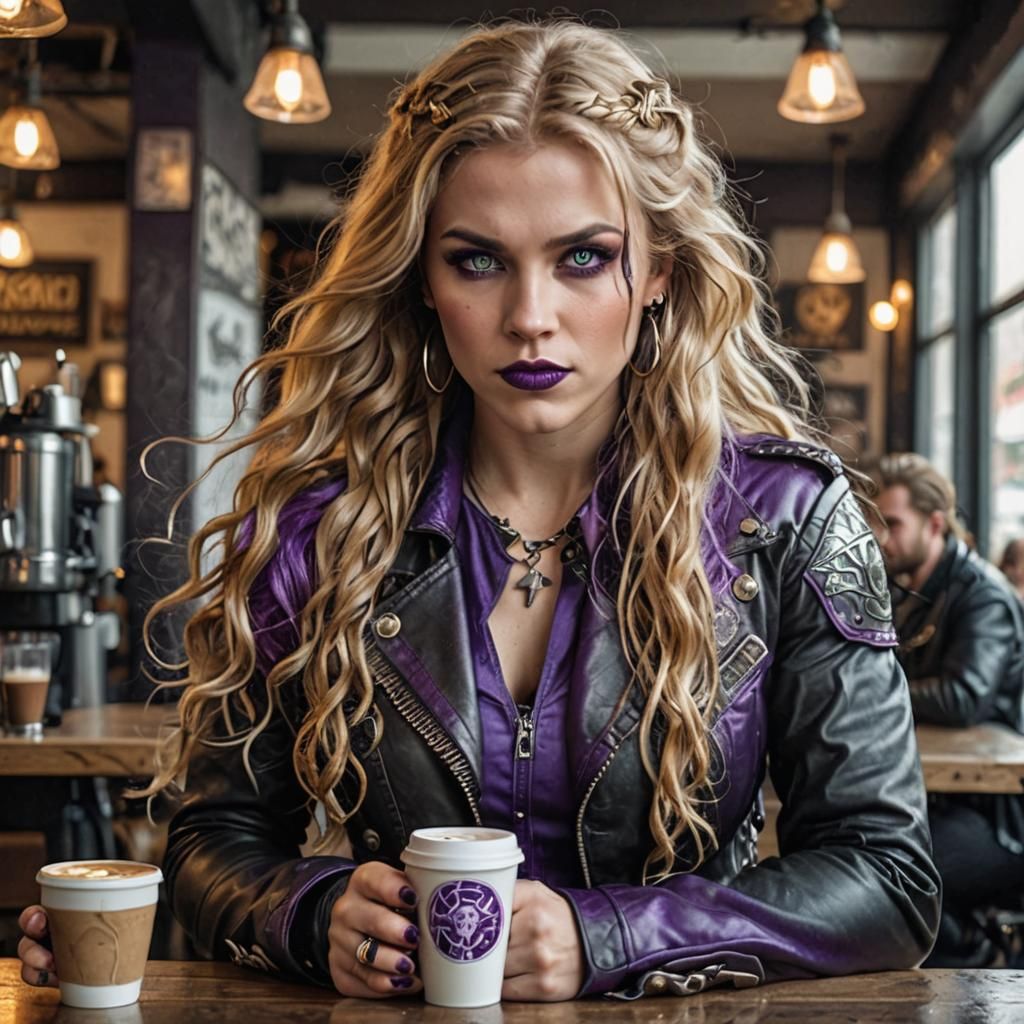 Valkyrie Biker Drinking Coffee in a Cafe