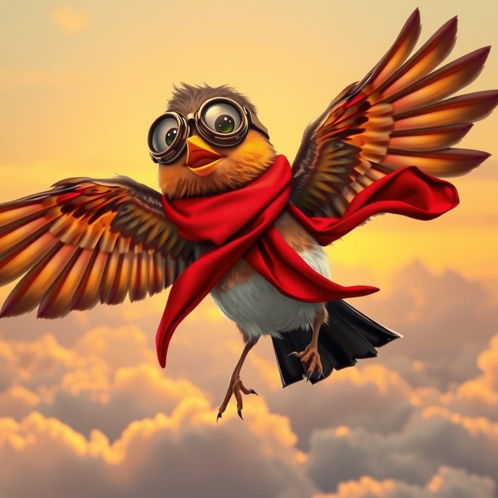 Robin in Flight with Aviator Goggles