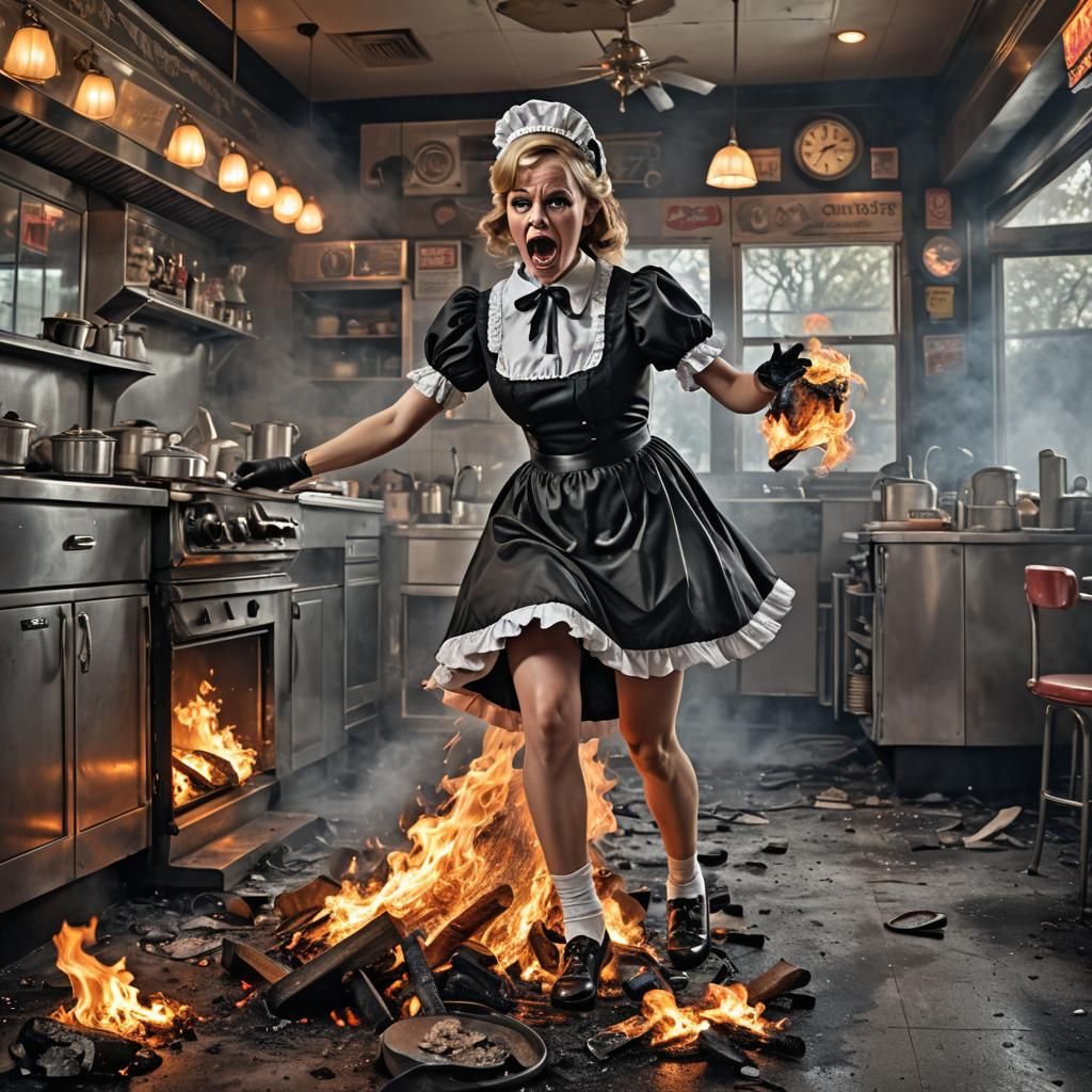 Sissy Maid Burns Diner in Hyperrealistic Image