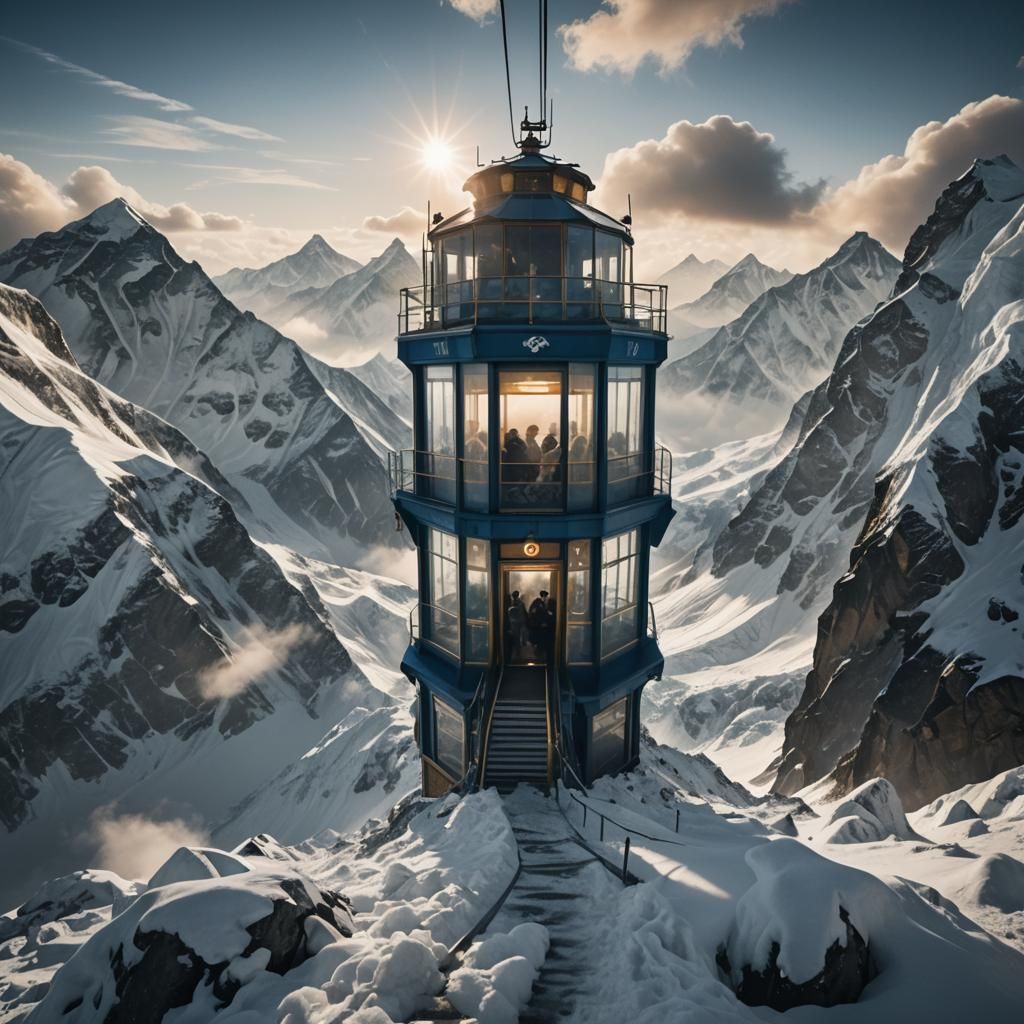 Glass Elevator Ascending Mount Everest in Golden Hour