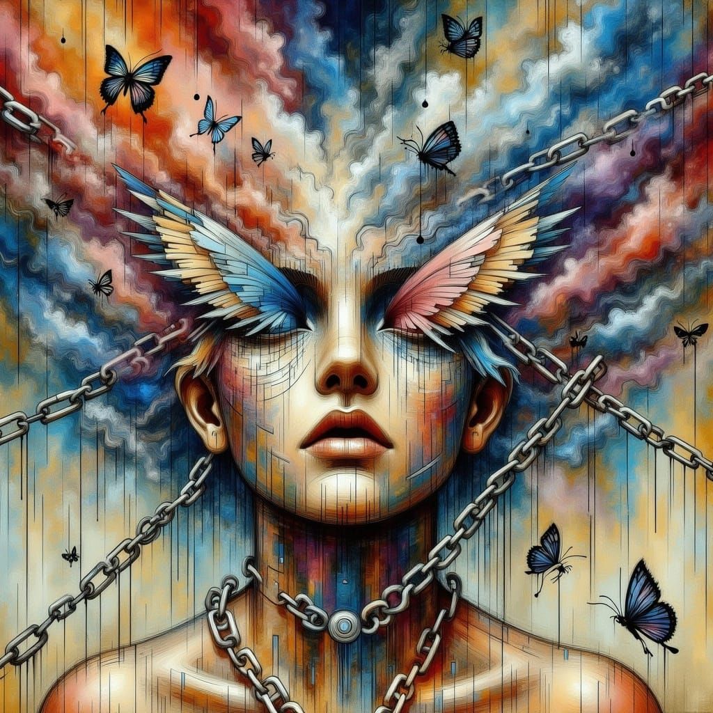 Surreal Person with Butterflies Emerging, Abstract Mixed Med...