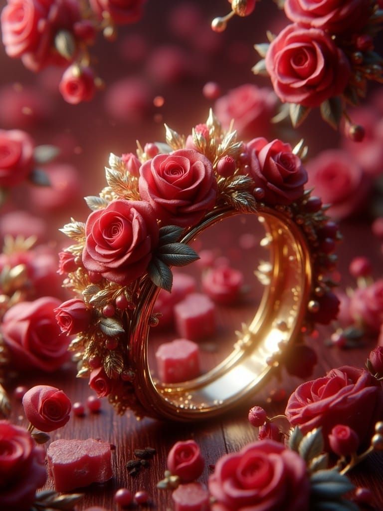 Golden Ring with Red Roses and Pearls