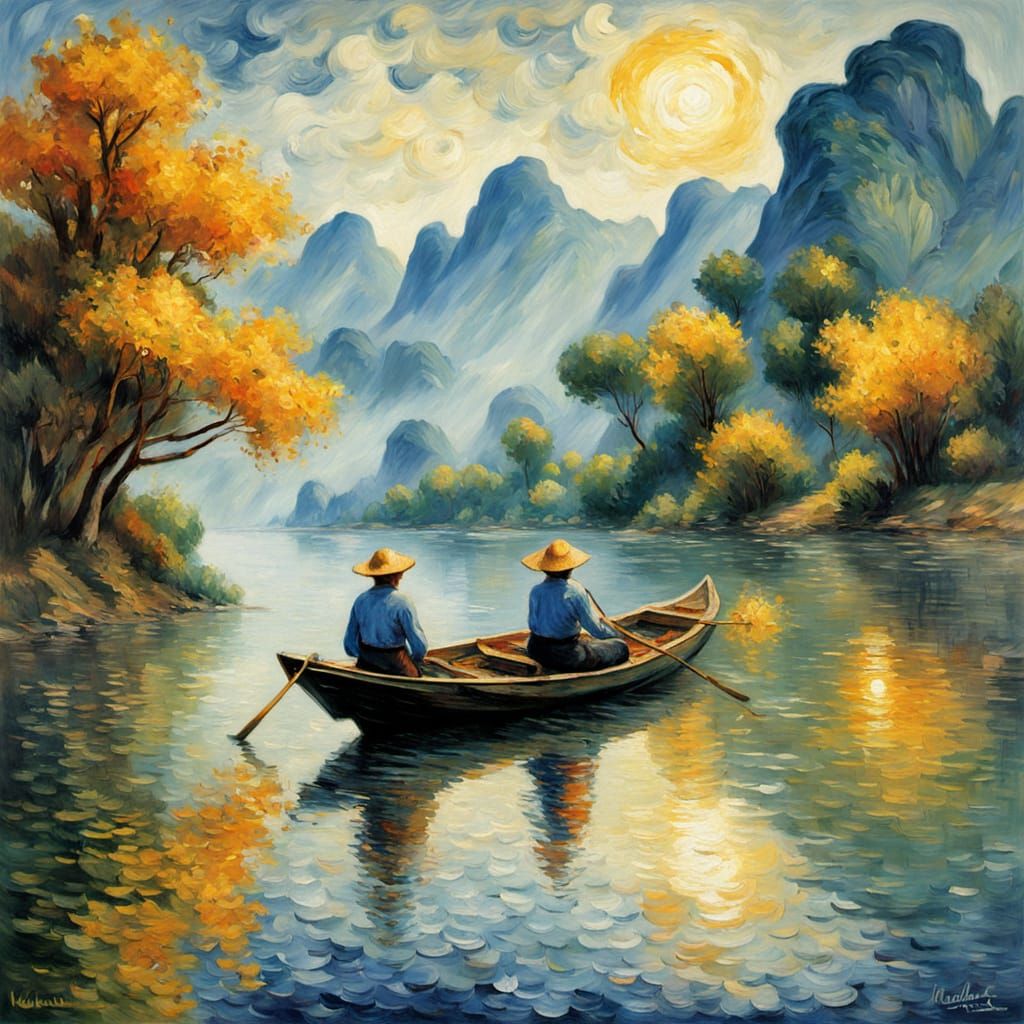 Vibrant Li River Landscape in Neo-Impressionist Style