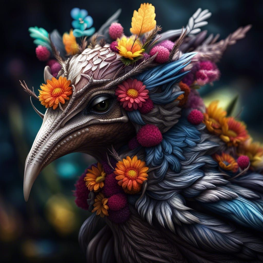Exotic Three-Headed Floral Bird Creature