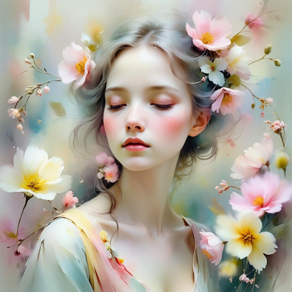 Ethereal Portrait of Woman with Flowers in Watercolor Style