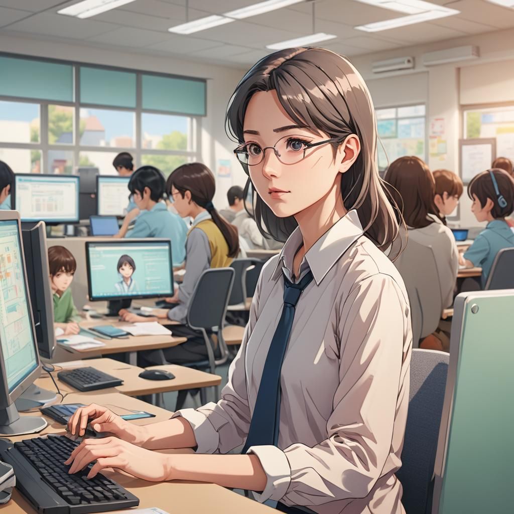 Anime Style Teacher Monitors Students in Computer Lab