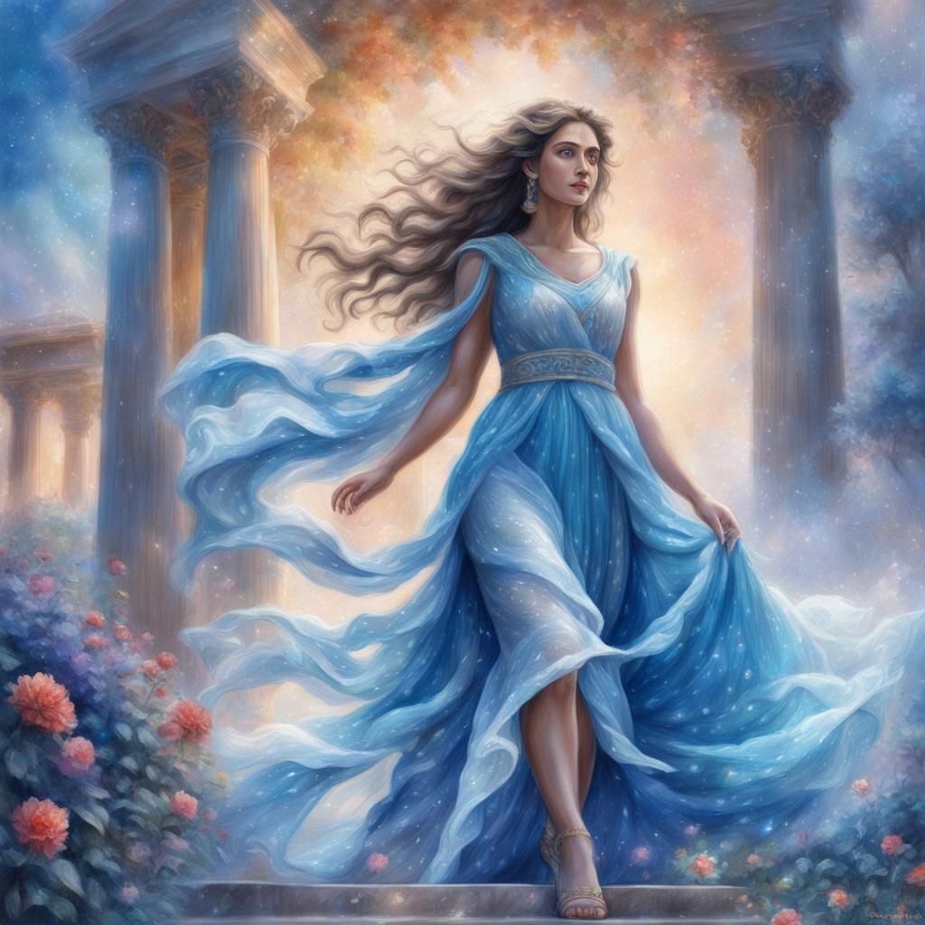 Greek Woman in Blue Dress: Pencil Sketch