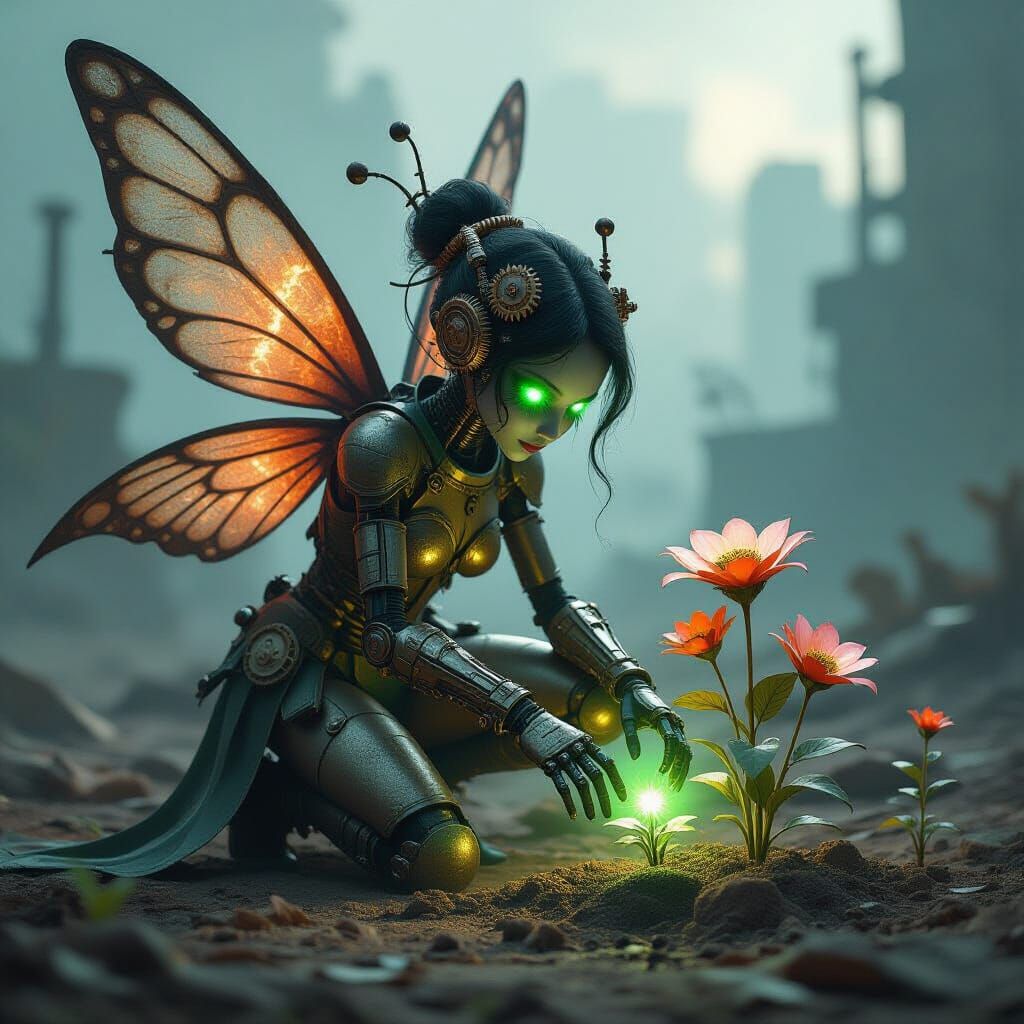 Clockwork Fairy Tends Metal Garden in Steampunk Wasteland