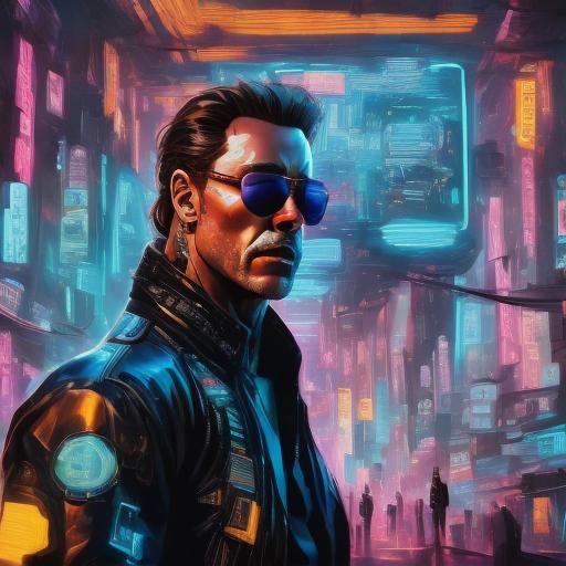 Arnold Schwarzenegger Cyberpunk Portrait in 2049 Style
