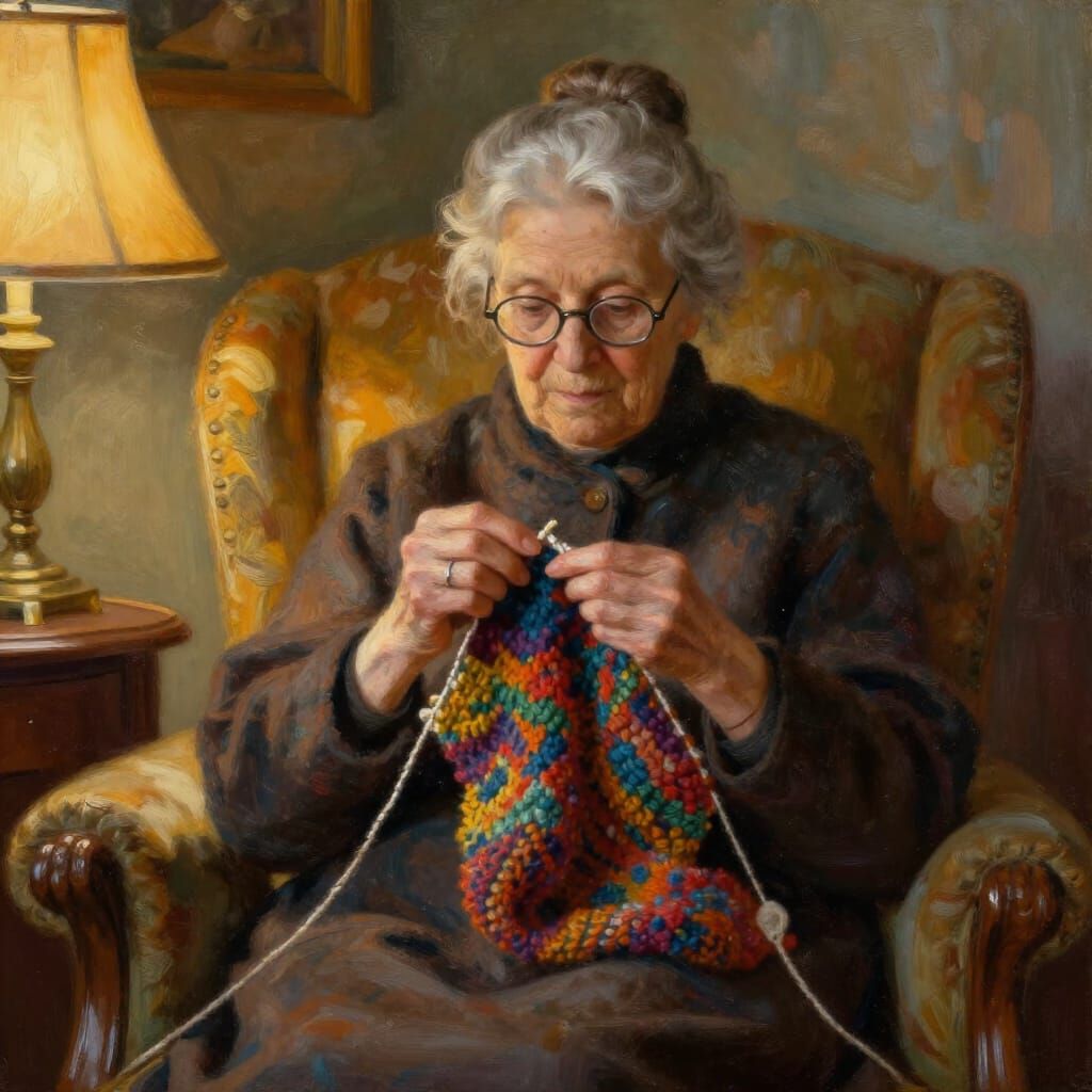 Elderly Woman Knitting in Armchair, Impressionist Style
