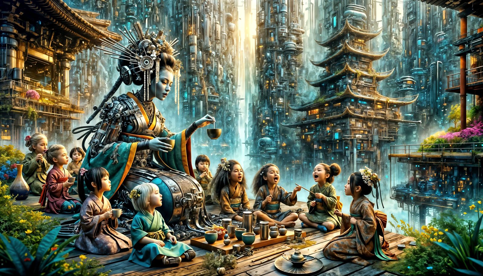 Surreal Geisha Tea Ceremony in Futuristic Metropolis Oasis